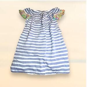 Buckley K Blue & White Striped Rainbow Raffia Short Sleeves Cotton Tencel Size S